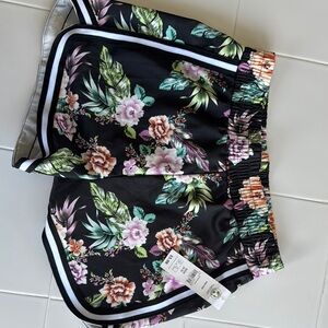 No Boundaries Black and Green Athletic Shorts Floral Design